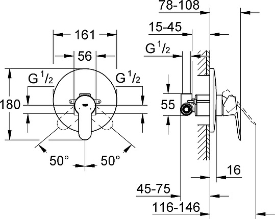 Смеситель Grohe BauEdge 29078000 С ВНУТРЕННЕЙ ЧАСТЬЮ, для душа