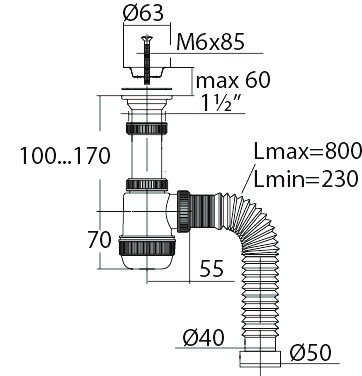 Сифон Вирпласт "МИНИ Элит" с нержавеющей чашкой Ø63 и гофротрубой L800 мм ( 1½"- Ø40/50) 30986780
