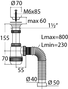 Сифон Вирпласт "МИНИ Элит" с нержавеющей чашкой Ø70 мм и гофротрубой L800 мм (1½"- Ø40/50) 30986760
