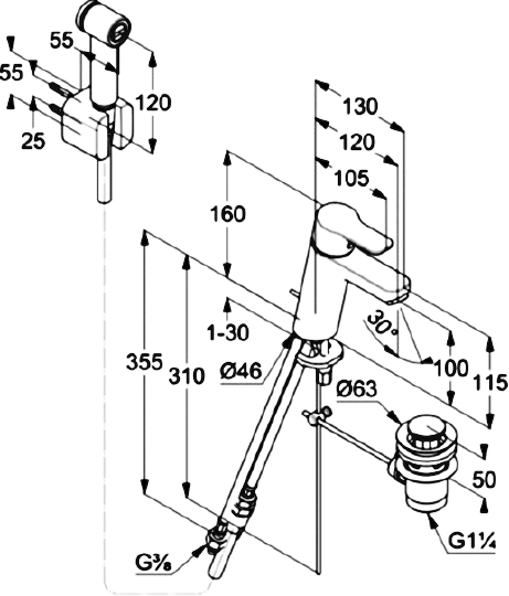 Смеситель Kludi Pure&Easy 372590565 для раковины с гигиеническим душем