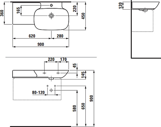 Раковина Laufen Ino 8.1330.1.000.104.1 90 см, полочка слева