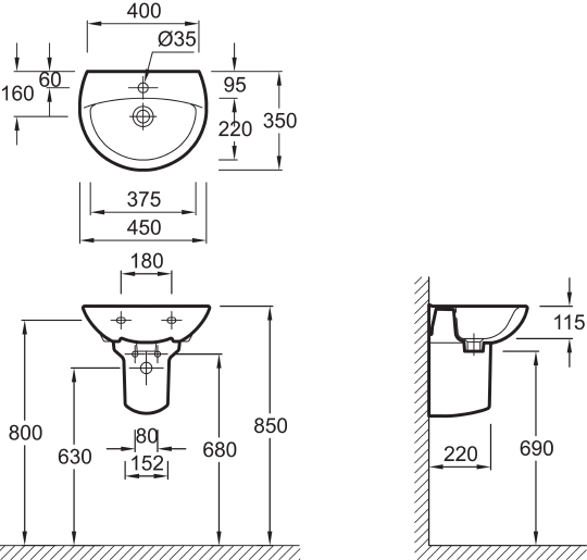 Рукомойник Jacob Delafon Patio E4152 45 см