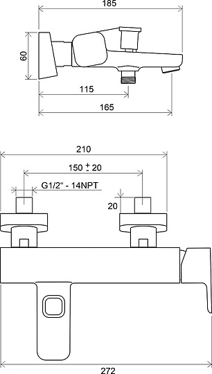 Смеситель Ravak 10° TD 022.00/150 для ванны с душем X070065