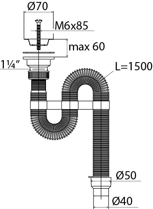 Сифон Вирпласт гофрированный "VIR" 1,5 м с нержавеющей чашкой Ø70 мм (Ø40/50) 30980316