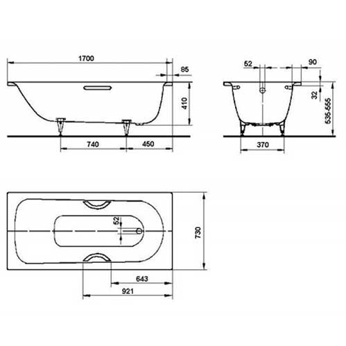 Ванна KALDEWEI Saniform Plus Star Мод.334, 170х73 см., белый, отв.под ручки, 133400010001