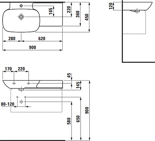 Раковина Laufen Ino 8.1330.2.000.104.1 90 см, полочка справа