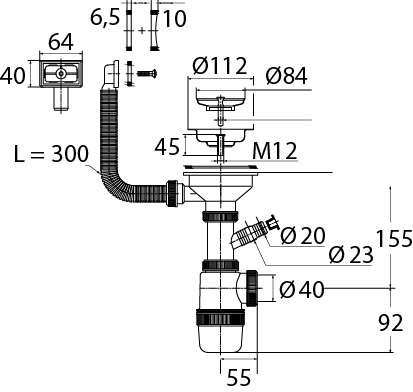 Сифон Вирпласт "Элит" с нержавеющей чашкой Ø114 мм, отводом для стиральной машины и переливом (3½"- Ø40) 30986176