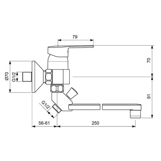 Настенный смеситель для ванны/душа Vidima LOGIK, поворотный излив 250 мм, душевой гарнитур в комплекте (лейка 70 мм, метал.шланг 1500 мм, держатель), BA280AA
