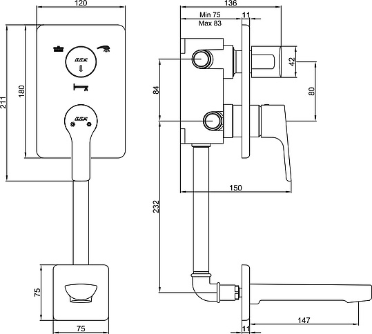 Смеситель E.C.A. Luna 102101133EX С ВНУТРЕННЕЙ ЧАСТЬЮ, для ванны с душем