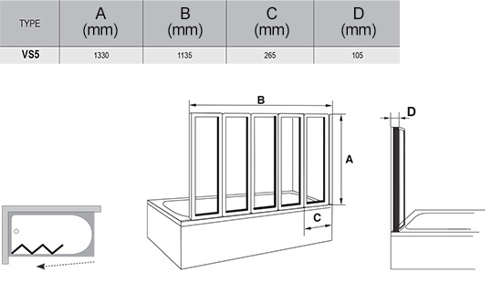 Шторка на борт ванны пятиэлементная складная Ravak Supernova VS5 белая+Раин, 794E010041