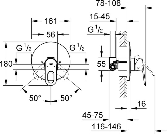 Смеситель Grohe BauLoop 29080000 С ВНУТРЕННЕЙ ЧАСТЬЮ, для душа