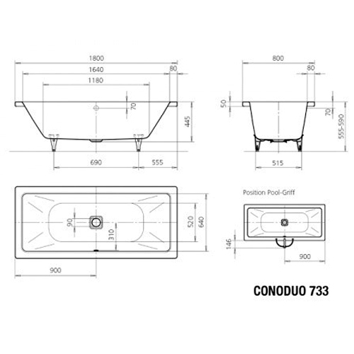 Ванна KALDEWEI Conoduo Мод.733, 180х80 см., easy-clean, 235100013001