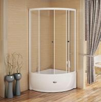 Душевой угол 100 (высокий поддон), стеклянные шторки (прозрачные), поддон на раме-подставке с устройством слива, фронтальная панель, профиль белый 1-03-1-0-0-0040