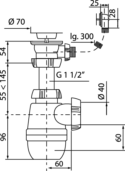 Сифон Wirquin МИНОР с выпуском 1 ½  х 40 мм с переливом  30718022