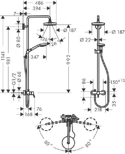 Душевая стойка Hansgrohe Croma Select S 180 2jet 27255400 с однорычажным смесителем