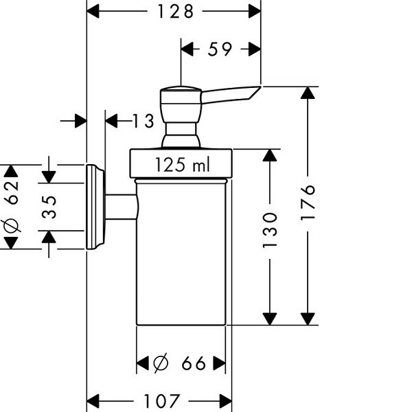 Дозатор для жидкого мыла Hansgrohe Logis Classic нажимной ёмкость(мл)-125 тип установки-настенный материал колбы-керамика материал-латунь цвет-хром 41614000 Дозатор для жидкого мыла Hansgrohe Logis Classic нажимной ёмкость(мл)-125 тип установки-настенный материал колбы-керамика материал-латунь цвет-хром 41614000
