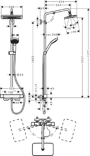 Душевая стойка Hansgrohe Croma 27630000 для душа, с термостатом