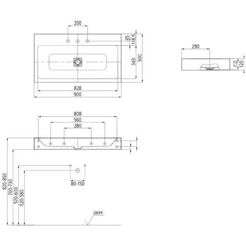 Раковина настенного монтажа KALDEWEI Cono мод.3090, 90х50х12 см 902606013001