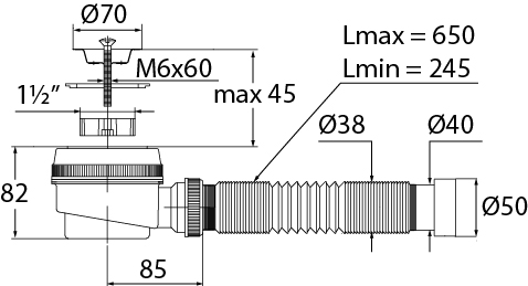 Сифон Вирпласт для душевого поддона с нержавеющей чашкой Ø70 мм и гофротрубой (1½"- Ø40/50) 30986862