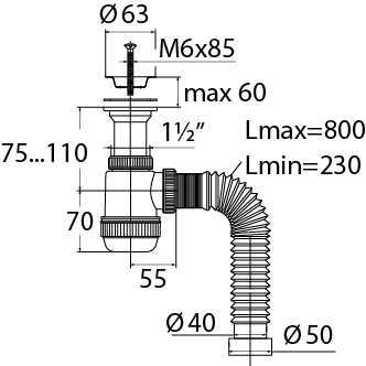 Сифон Вирпласт "МИНИ Элит" с литым выпуском, нержавеющей чашкой Ø63 мм и гофротрубой L800 мм (1½"- Ø40/50) 30980678