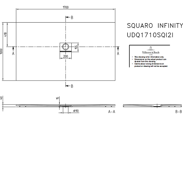 Душевой поддон Villeroy&Boch Squaro Infinity заподлицо  цвет-кремовый UDQ1710SQI2IV-2S pod1