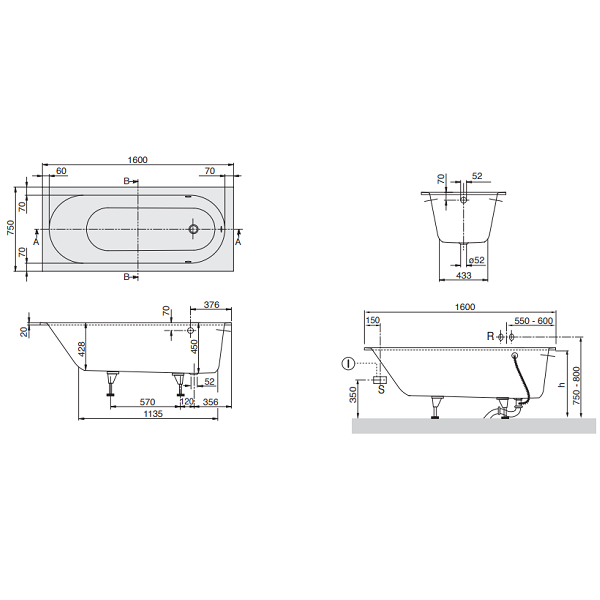 Ванна Kaldewei Centro Duo Oval  1700 x 750 мм, материал-сталь-эмаль, цвет-альпийский белый (белый Alpin) UBQ160OBE2V-01