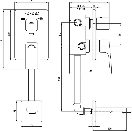 Смеситель E.C.A. Tiera 102101145EX С ВНУТРЕННЕЙ ЧАСТЬЮ, для ванны с душем