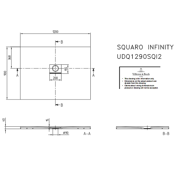 Душевой поддон Villeroy&Boch Squaro Infinity заподлицо  цвет-Stone White UDQ1290SQI2MV-RW pod1
